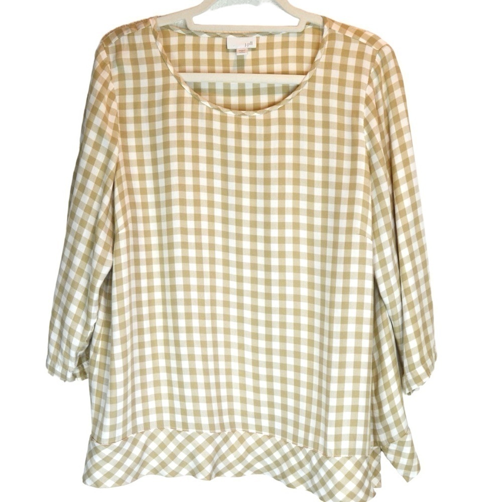 J. Jill Checkered Popover Blouse 3/4 Sleeve Ruffle Hem Loose Fit, Large Petite